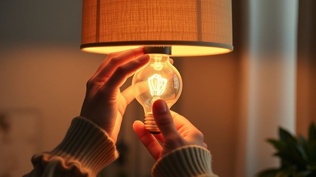 Mãos instalando luminária com lâmpada amarela suave.