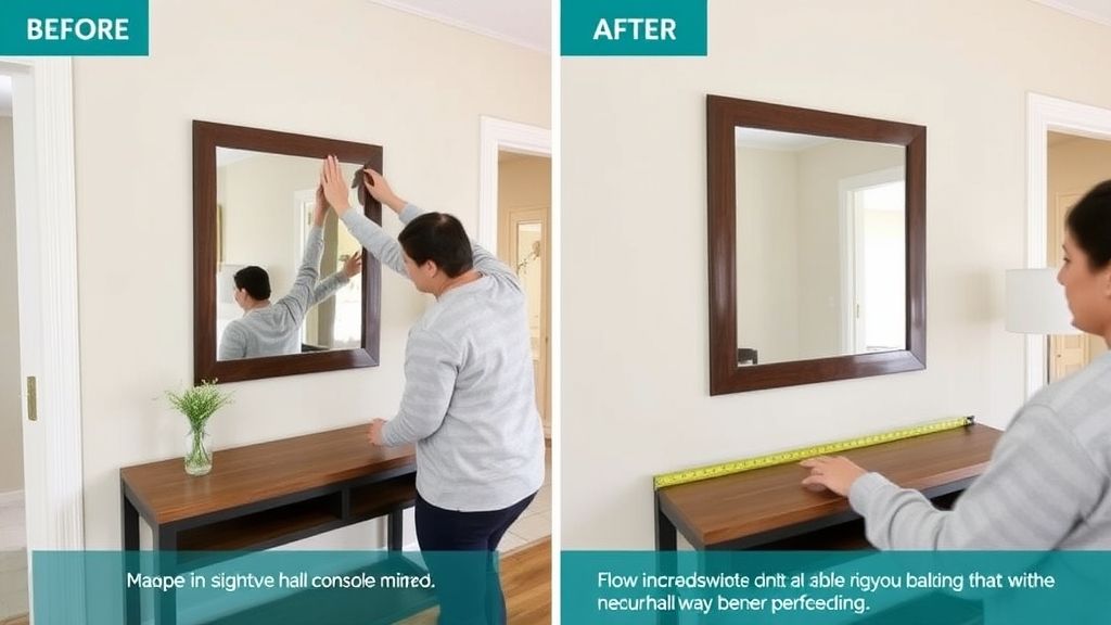 Etapas de montagem do hall com medição, instalação de aparador e espelho.