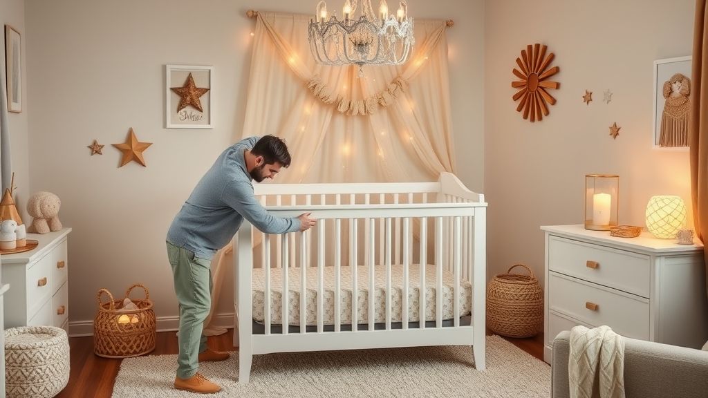 Mãos posicionando um berço e acessórios durante a montagem do quarto de bebê.