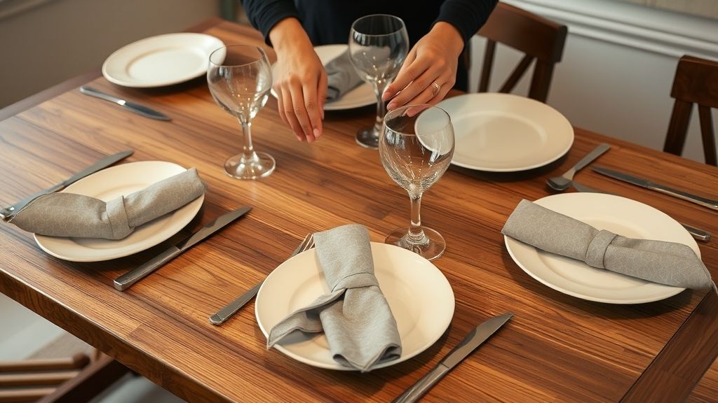 Pessoa posicionando pratos, copos e guardanapos sobre uma mesa de madeira.