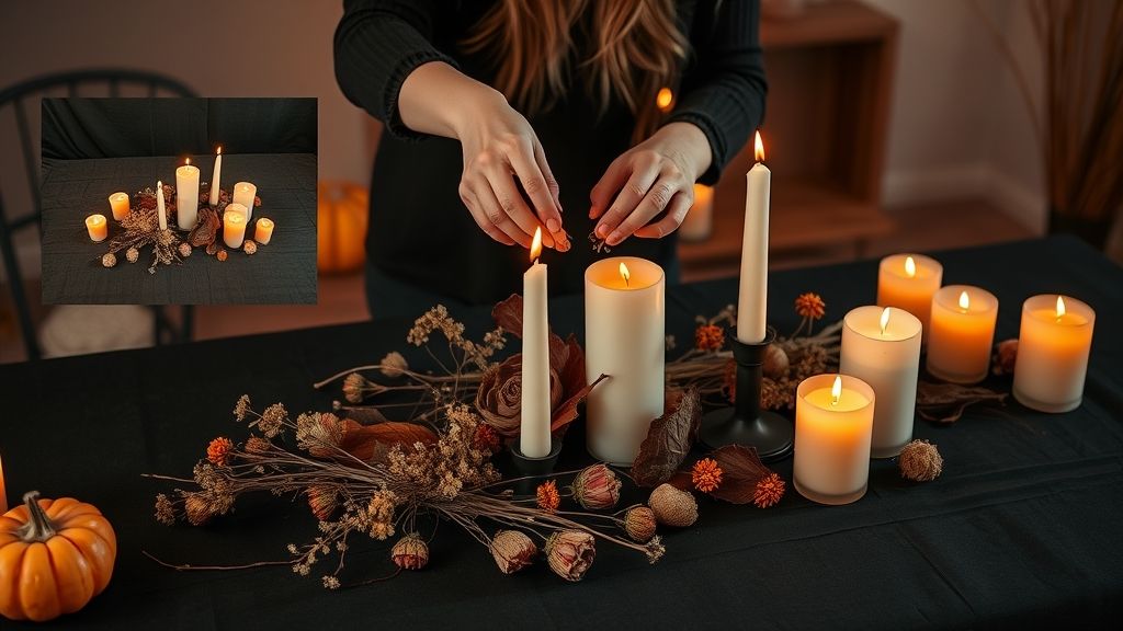 Mãos adicionando velas e flores secas sobre toalha escura.