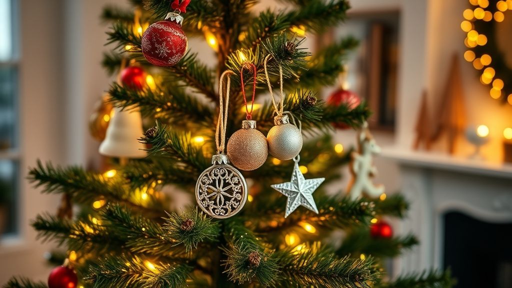 Pessoa montando árvore de Natal com luzes LED e enfeites manuais.