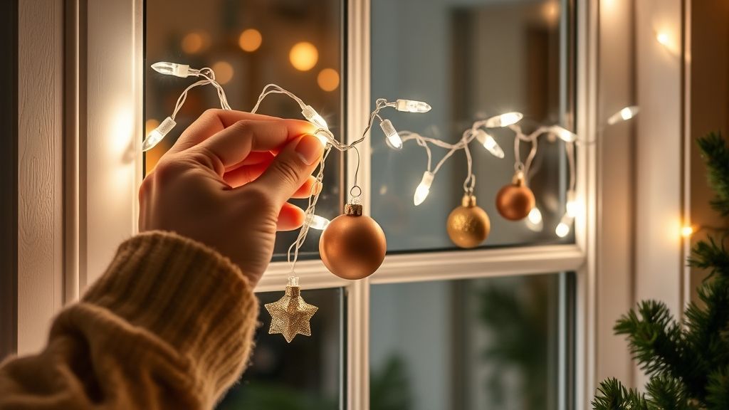 Pessoa instalando luzes e enfeites em janela para decoração natalina.