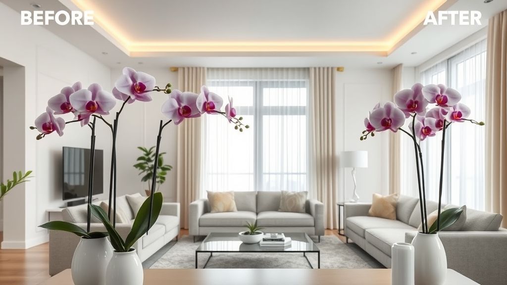 Sala decorada com orquídeas brancas e lilases em vasos, ambiente leve e iluminado.