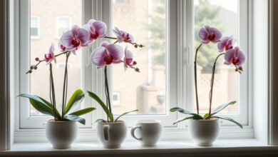 Orquídeas coloridas em vasos sobre o parapeito de uma janela com luz suave.