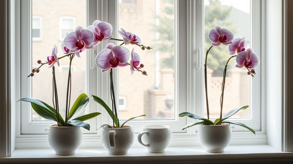 Orquídeas coloridas em vasos sobre o parapeito de uma janela com luz suave.