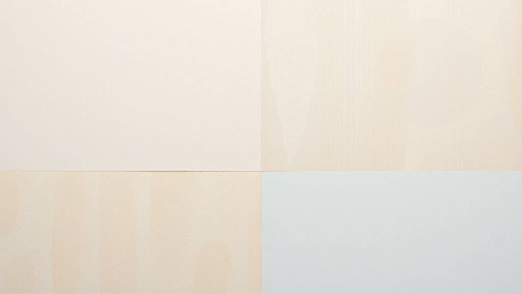 Amostras de papéis de parede em tons neutros, azuis claros e detalhes metálicos sobre uma mesa de design.
