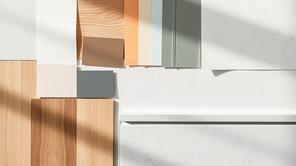 Amostras de cores e materiais para cozinha — tons neutros e madeirados.