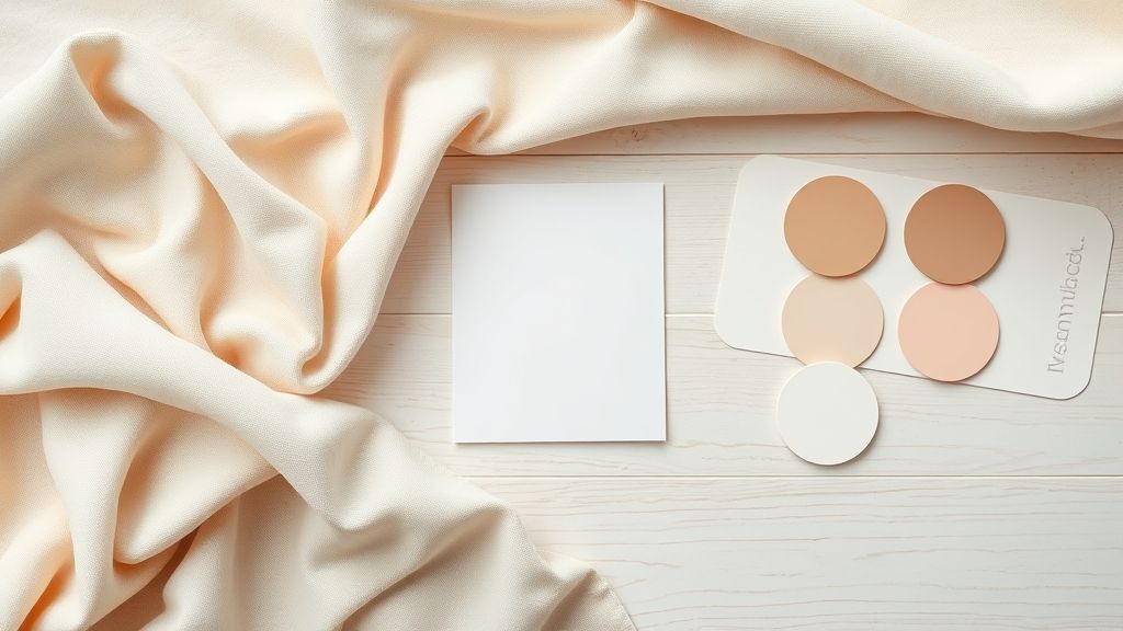 Amostra de tecidos, tintas e materiais para sala pequena bem decorada.