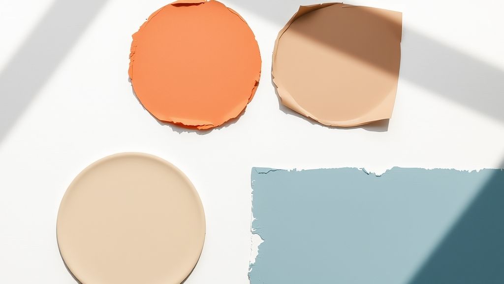 Amostra de tintas em tons de bege, terracota e azul aço.