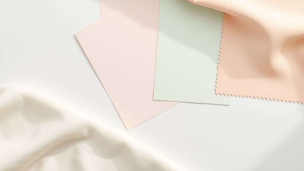 Amostra de tintas e tecidos em tons neutros e terrosos para quarto de bebê.