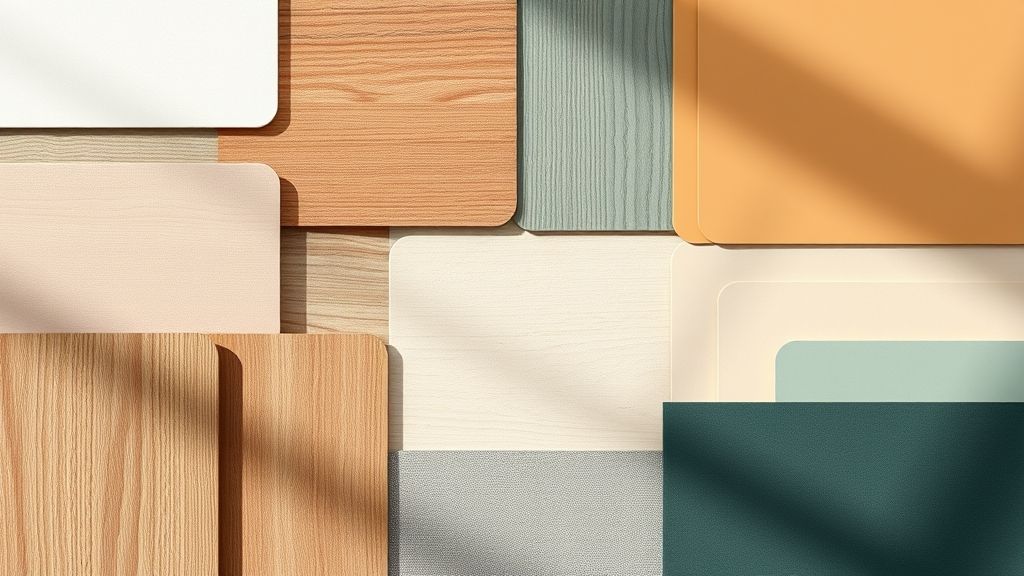 Flat lay de amostras de cores e materiais usados em projetos com IA de decoração.