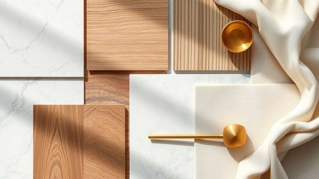Flat lay com amostras de mármore, madeira e tecidos finos.