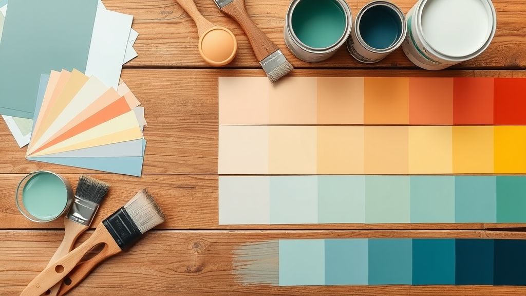 Amostras de cores de tinta em paleta com tons neutros e vibrantes.
