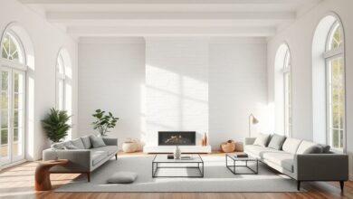 Parede com boiserie branca em sala de estar moderna e iluminada natural.