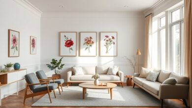 Sala moderna com parede decorada por quadros florais em diferentes tons de rosa e verde.