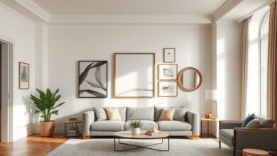 Composição elegante de quadros e espelhos em parede iluminada.