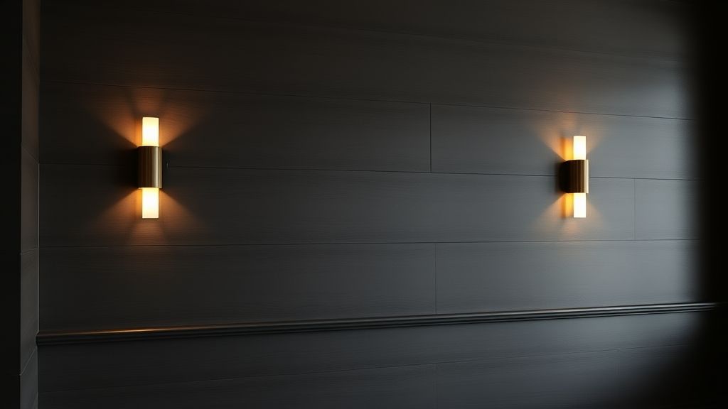 Parede com boiserie em tom escuro fosco com iluminação de destaque.