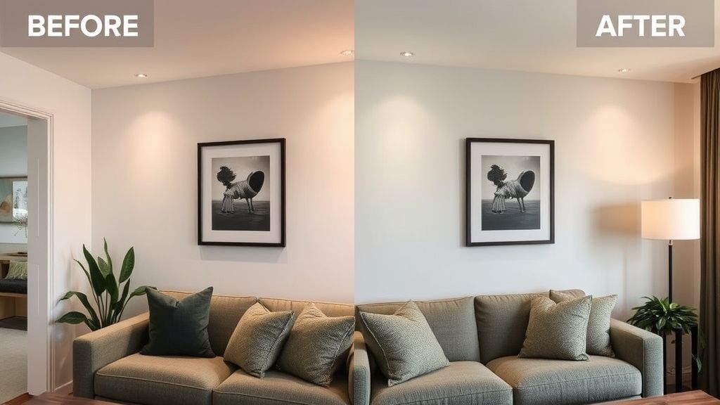 Parede decorada com luzes embutidas e quadros em ambiente elegante.