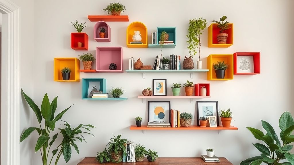 Parede decorada com prateleiras de formatos variados, plantas e livros organizados.