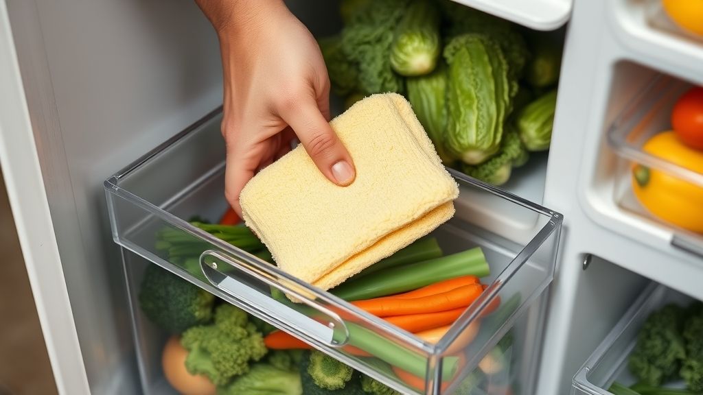 Mãos posicionando uma esponja seca na gaveta de vegetais da geladeira.