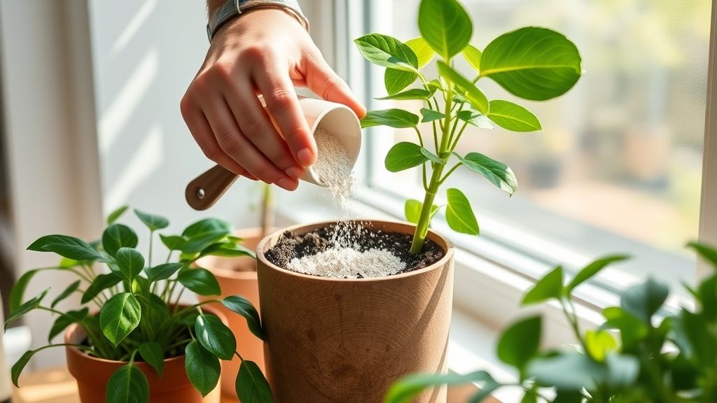 Pessoa aplicando adubo orgânico em vaso de planta de interior.