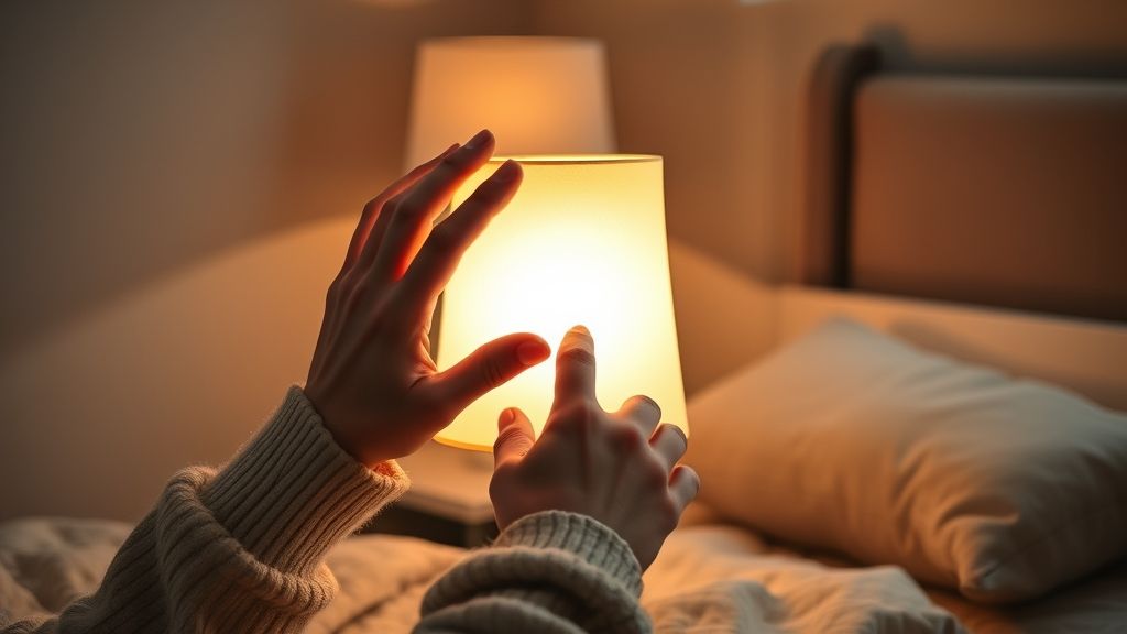 Mãos ajustando luminária de mesa com luz amarela, criando ambiente acolhedor.