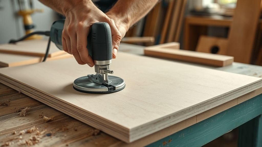 Pessoa cortando e lixando uma placa de MDF em bancada de trabalho.
