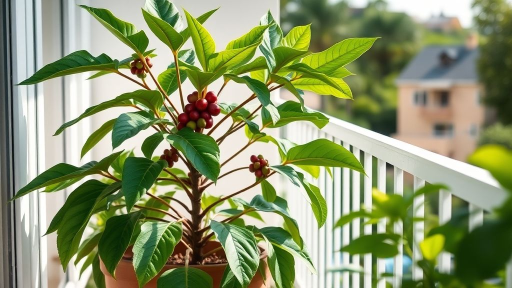 Planta de café cultivada em vaso grande sob luz natural.