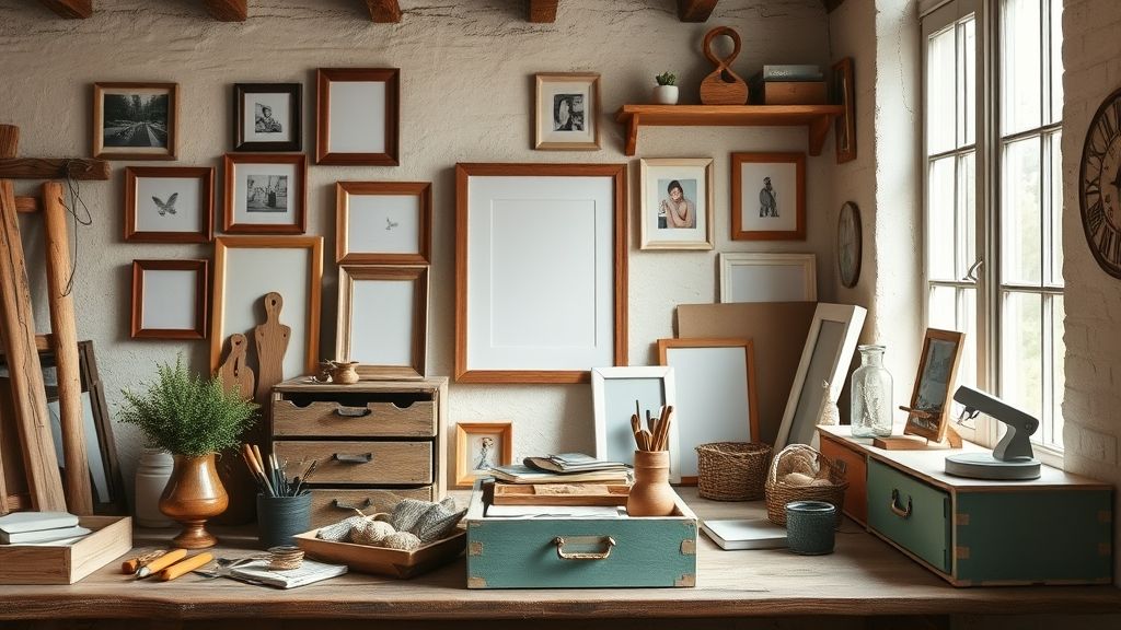 Mesa de trabalho com caixas e molduras de MDF pintadas e decoradas artesanalmente.