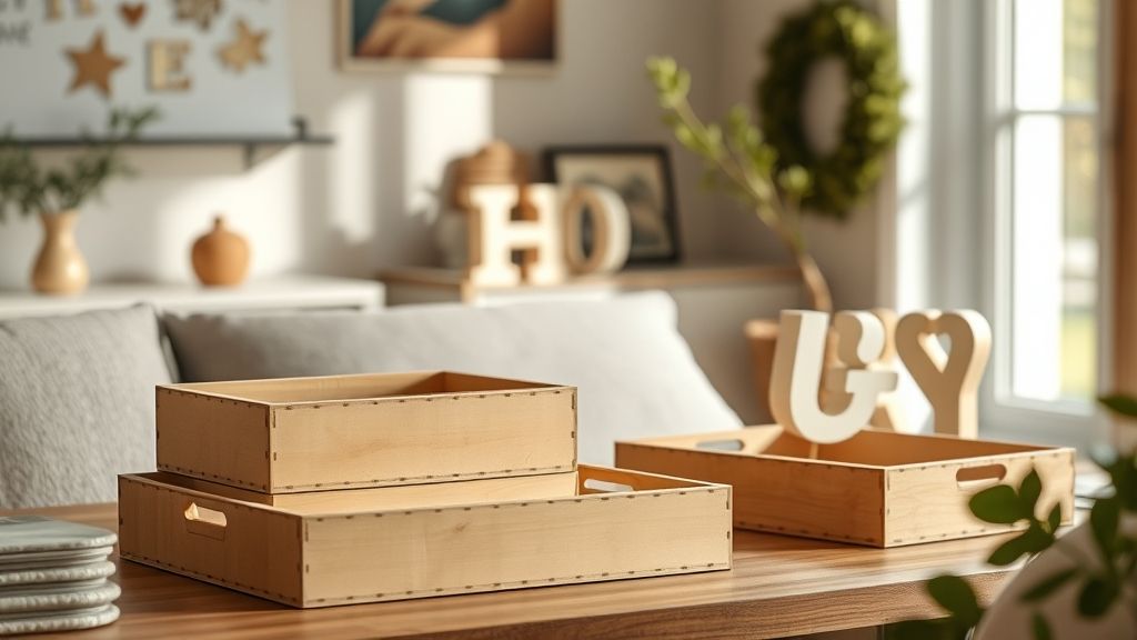 Conjunto de caixas, bandejas e letras de MDF prontas e coloridas sobre aparador.