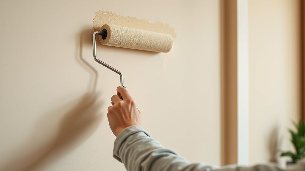 Pessoa aplicando tinta bege em parede de sala com rolo de pintura.