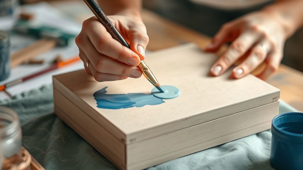 Mãos aplicando tinta acrílica em caixa de MDF com pincel largo.