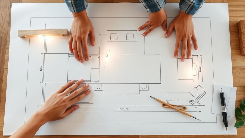 Arquitetos ajustando disposição de móveis e iluminação em planta baixa.