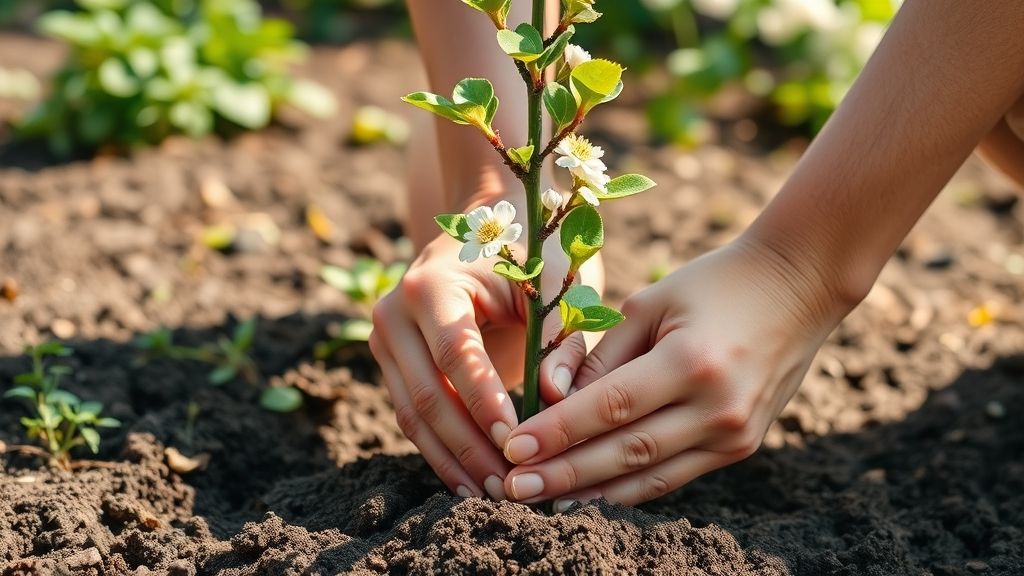 Pessoa plantando muda de árvore florífera com luvas e pá em canteiro ensolarado.
