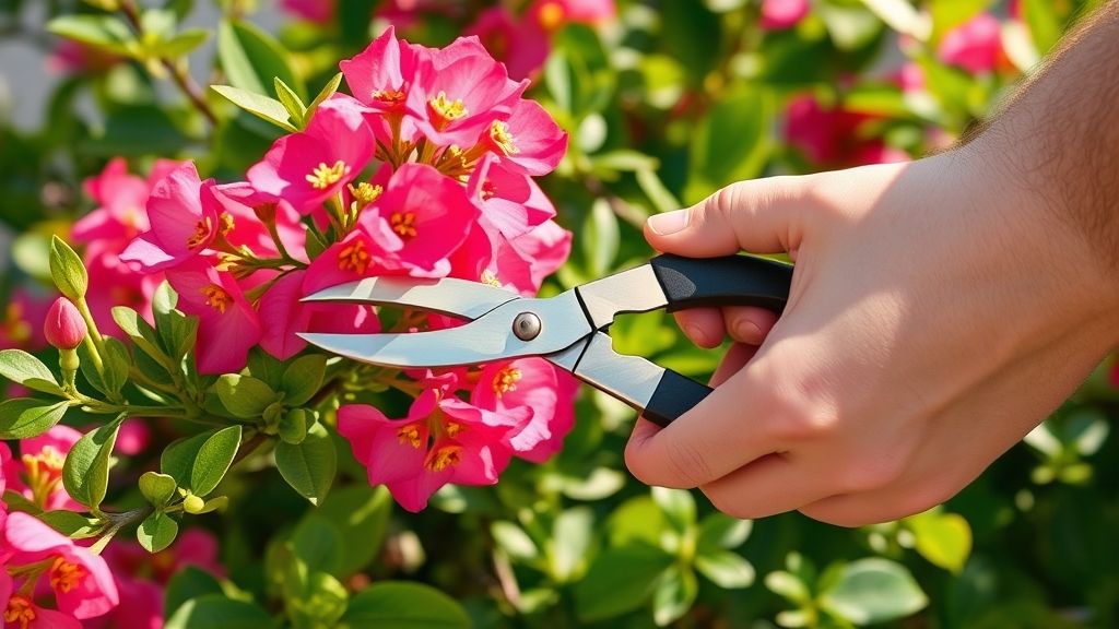 Pessoa realizando a poda de ramos secos da bougainvillea com tesoura de jardinagem.