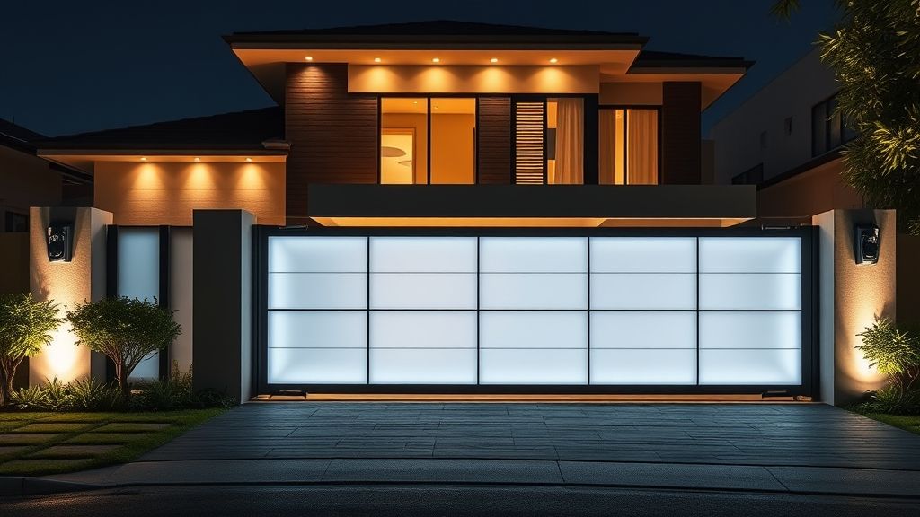Portão automático com luzes de LED embutidas e fachada moderna.