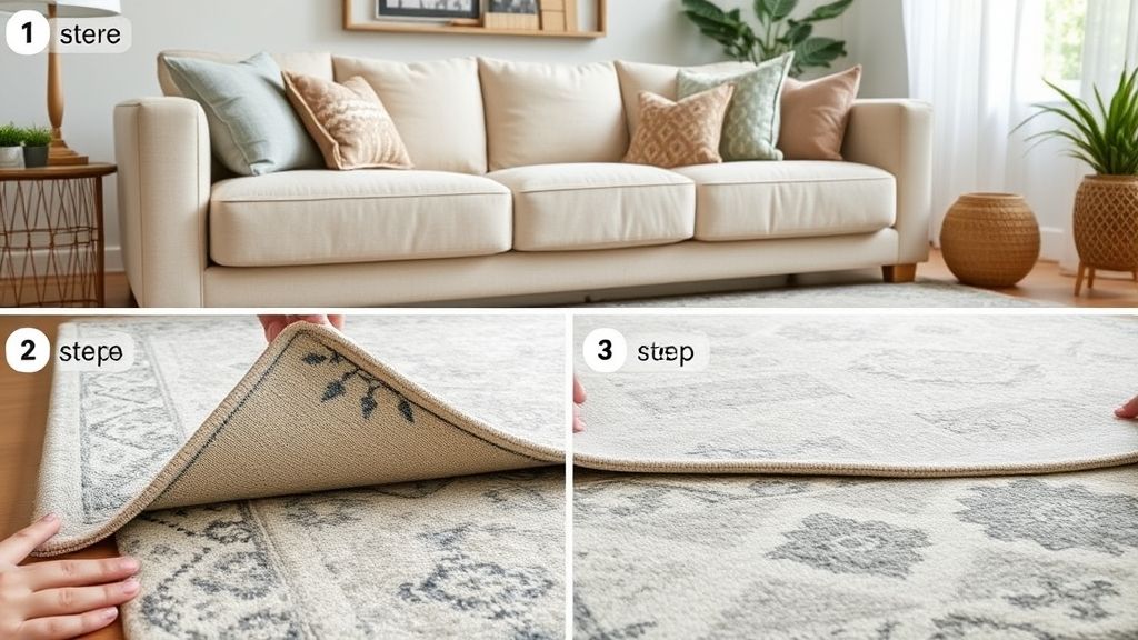 Mãos ajustando tapete sob o sofá para centralizar o layout da sala.