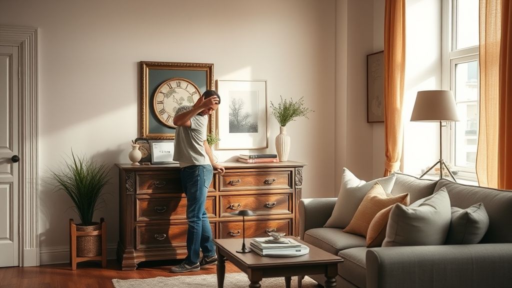 Decorador ajustando o posicionamento de móveis antigos e modernos.