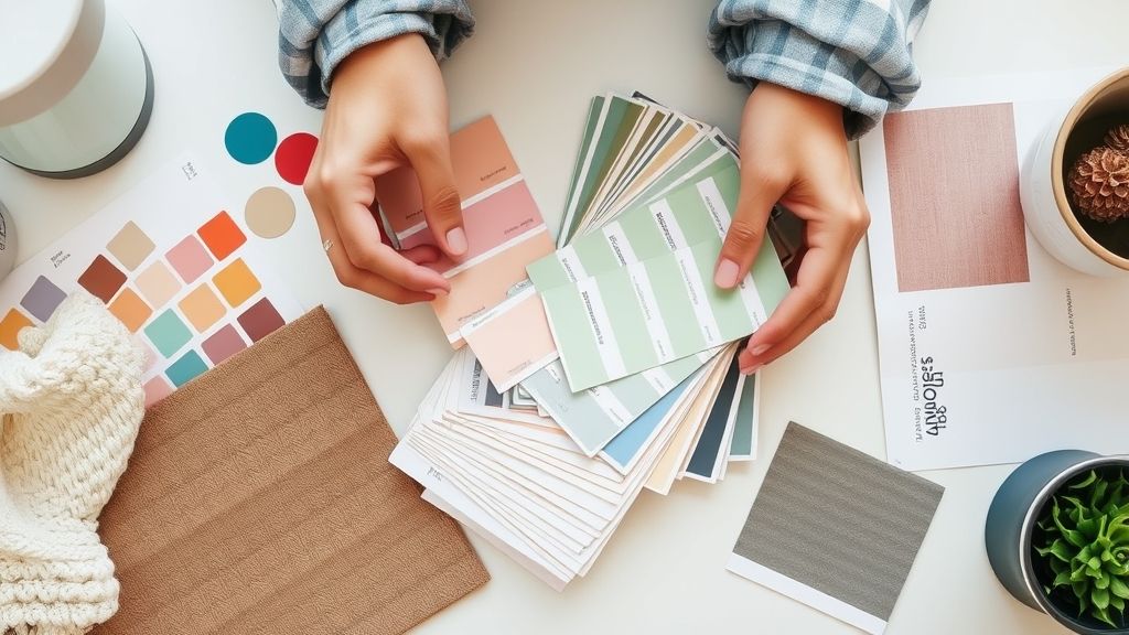 Mãos escolhendo amostras de cores e tecidos sobre uma mesa de design.