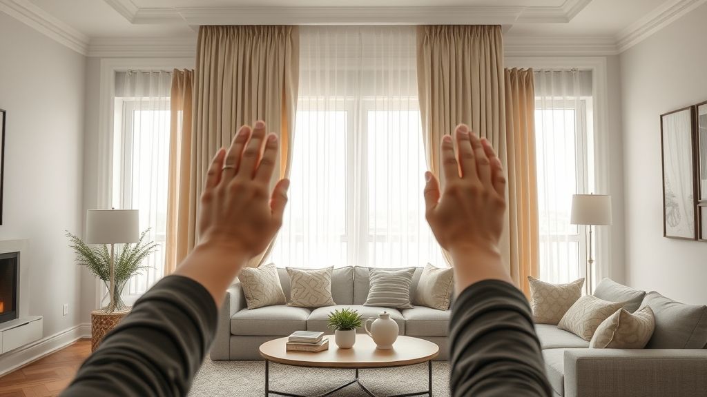 Pessoa ajustando cortinas longas e organizando almofadas em uma sala neutra.