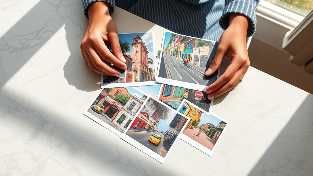 Pessoa analisando fotos de ruas brasileiras para inspiração de decoração