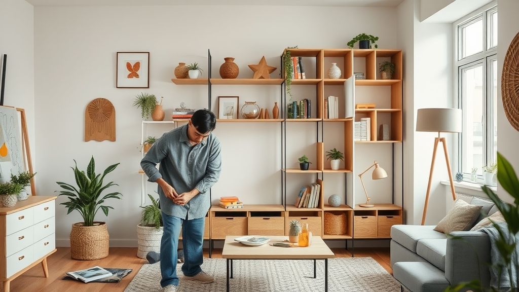 Pessoa organizando decoração e encaixando peças de móveis multifuncionais.