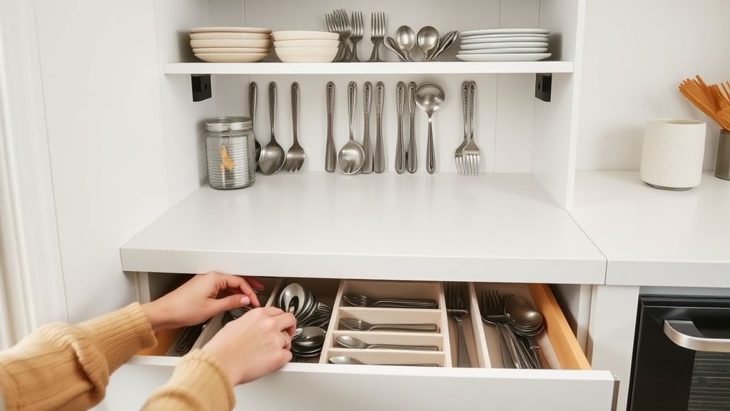 Mãos organizando utensílios em gavetas com divisórias e prateleiras verticais.