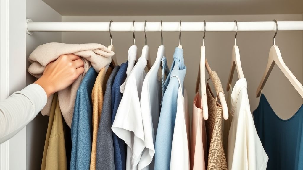 Pessoa organizando roupas e dobrando peças com caixas e cabides uniformes.