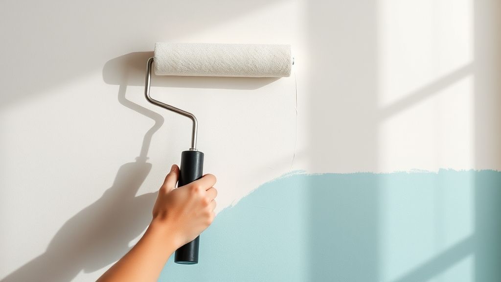 Pessoa pintando uma parede com rolo e fita de proteção.