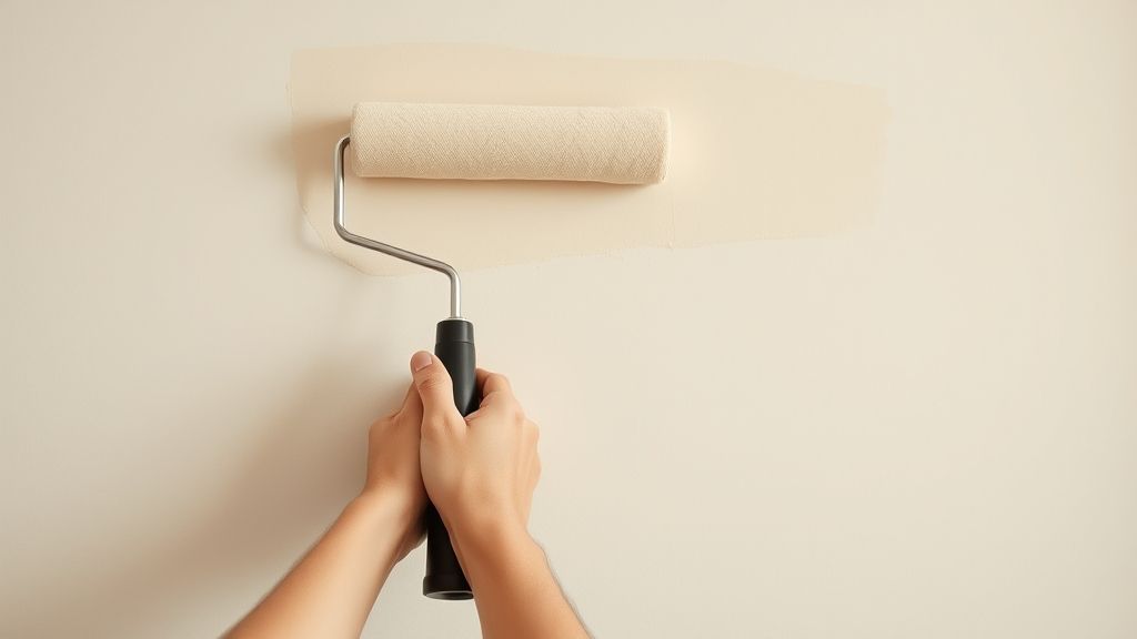 Mãos aplicando tinta clara na parede de um quarto pequeno.