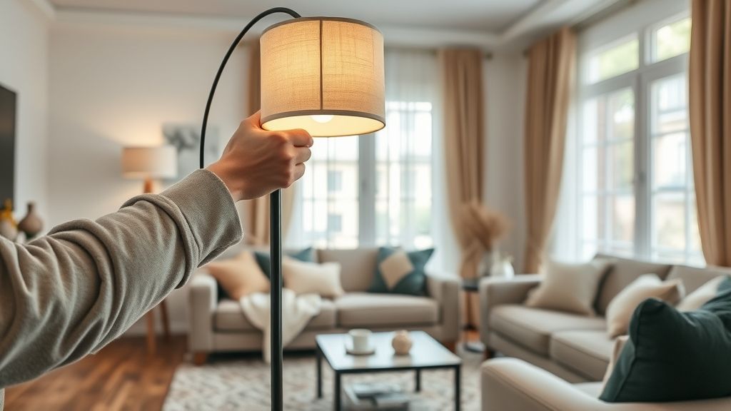 Pessoa ajustando móveis e iluminação em uma sala.