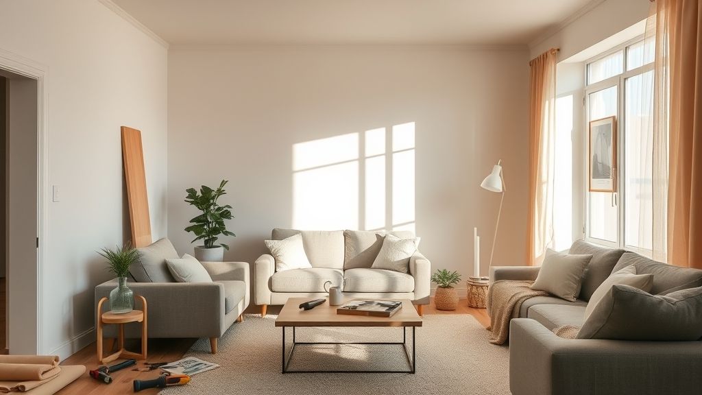 Pessoa ajustando móveis e iluminação em ambiente minimalista, com ferramentas e plantas.
