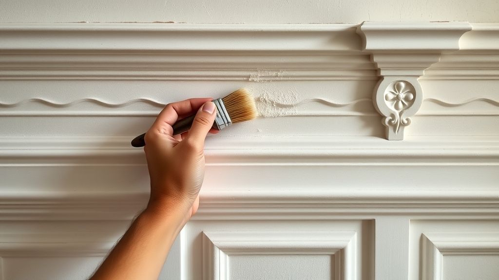 Mãos aplicando tinta em moldura de gesso inspirada em prédios históricos do Brasil.